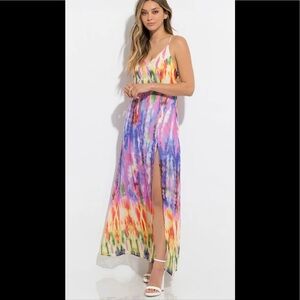 NWT Multicolor High Slit Spaghetti Strap Dress